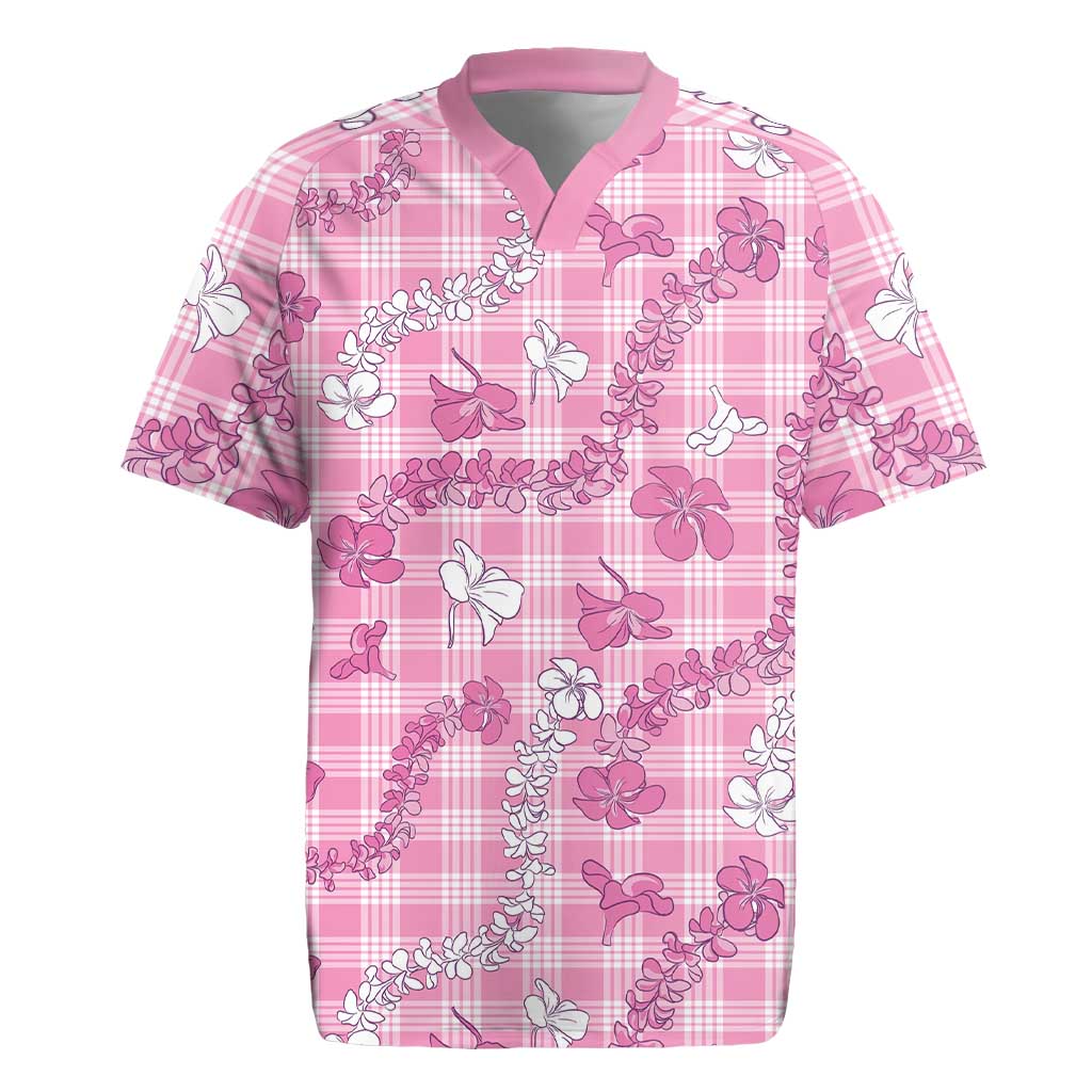 Alaka Aloha Hawaii Rugby Jersey Plumeria Lei With Palaka Motif LT14 Pink - Polynesian Pride