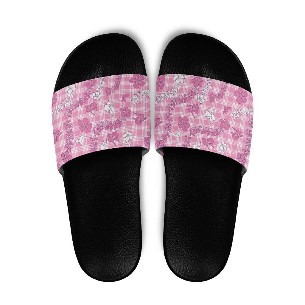 Alaka Aloha Hawaii Slide Sandals Plumeria Lei With Palaka Motif LT14 Pink - Polynesian Pride