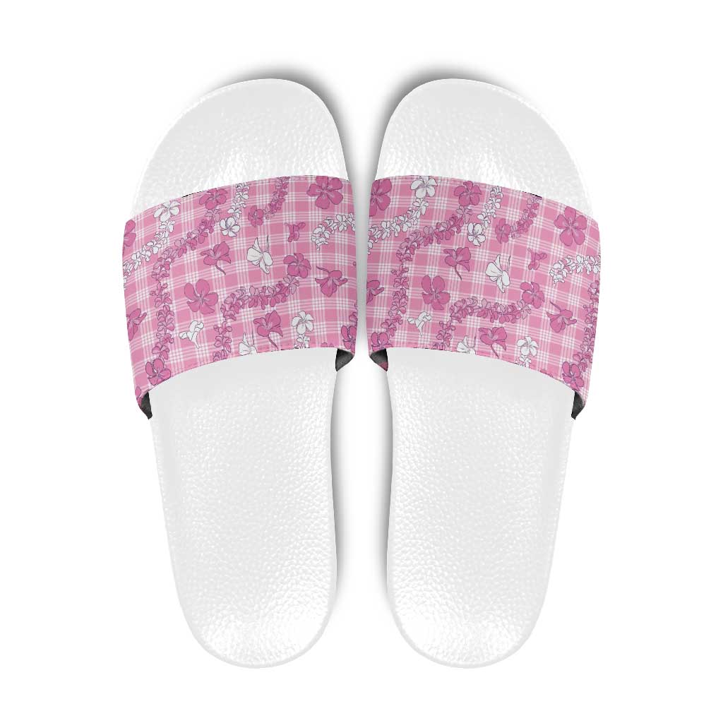 Alaka Aloha Hawaii Slide Sandals Plumeria Lei With Palaka Motif LT14 Pink - Polynesian Pride