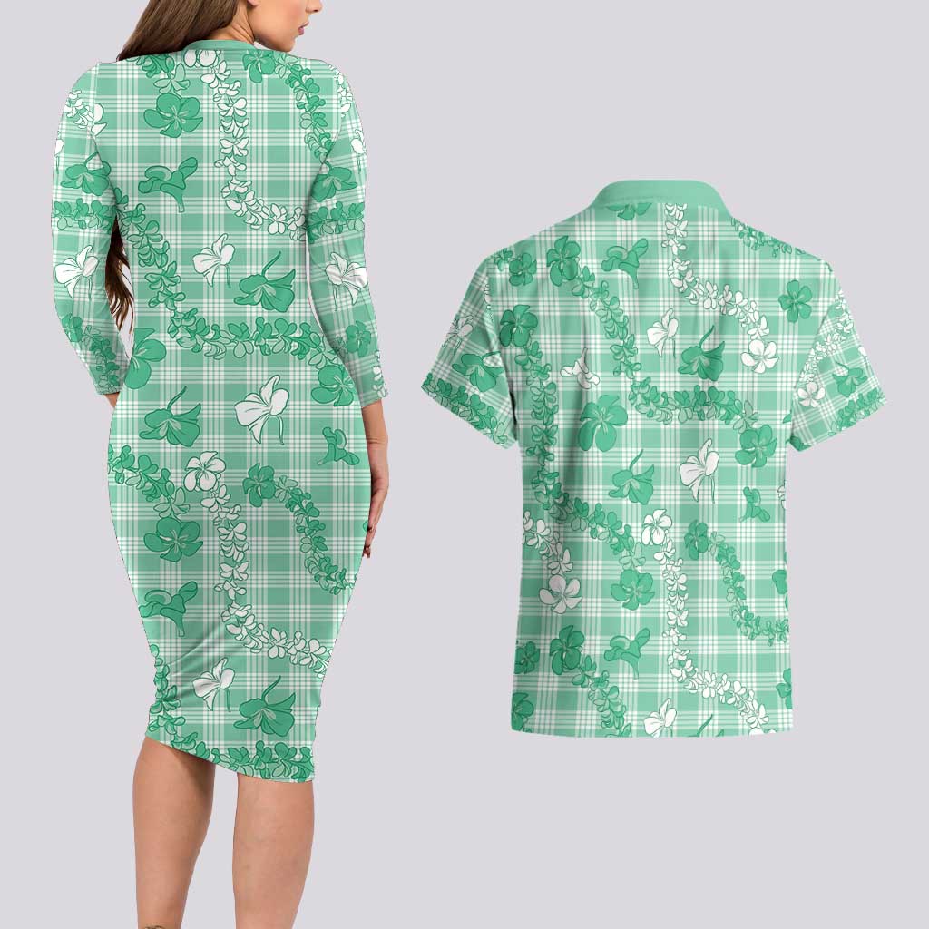 Omaomao Aloha Hawaii Couples Matching Long Sleeve Bodycon Dress and Hawaiian Shirt Plumeria Lei With Palaka Motif - Polynesian Pride