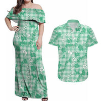 Omaomao Aloha Hawaii Couples Matching Off Shoulder Maxi Dress and Hawaiian Shirt Plumeria Lei With Palaka Motif - Polynesian Pride
