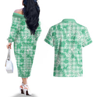 Omaomao Aloha Hawaii Couples Matching Off The Shoulder Long Sleeve Dress and Hawaiian Shirt Plumeria Lei With Palaka Motif - Polynesian Pride