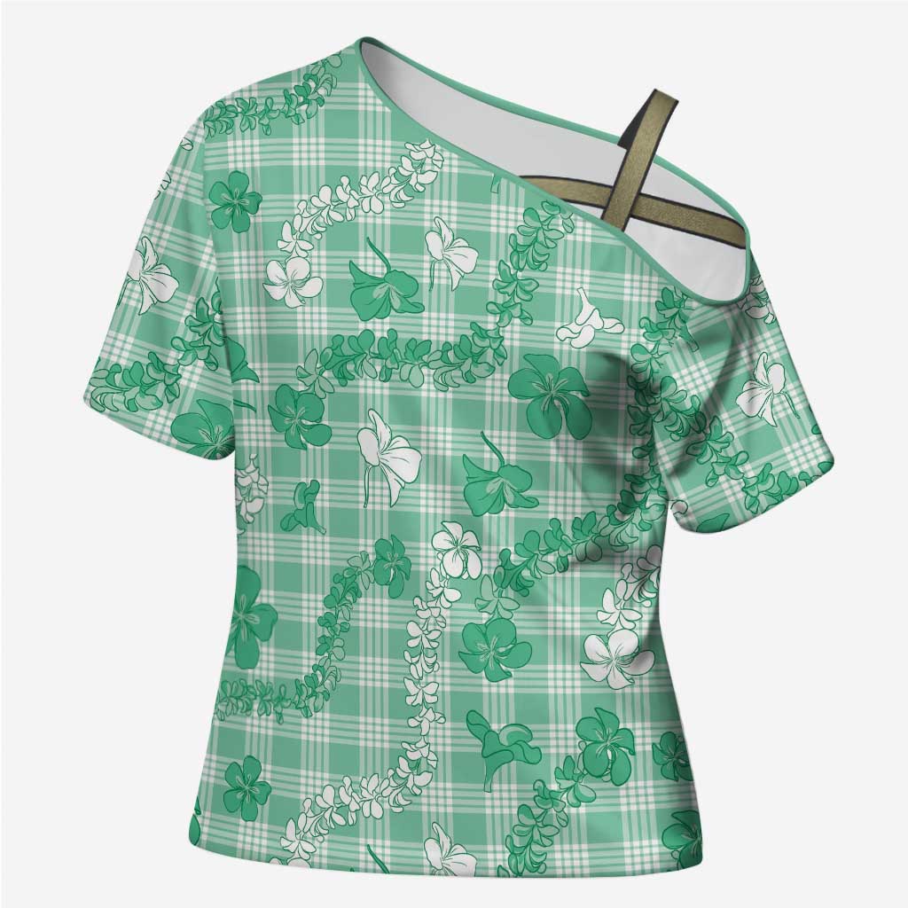 Omaomao Aloha Hawaii Cross Shoulder Shirt Plumeria Lei With Palaka Motif LT14 Female Green - Polynesian Pride