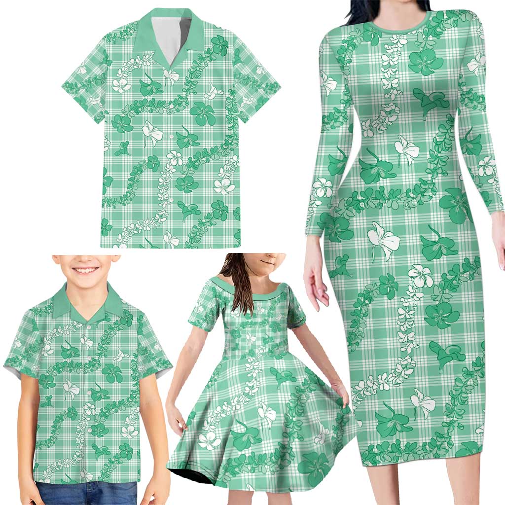 Omaomao Aloha Hawaii Family Matching Long Sleeve Bodycon Dress and Hawaiian Shirt Plumeria Lei With Palaka Motif - Polynesian Pride