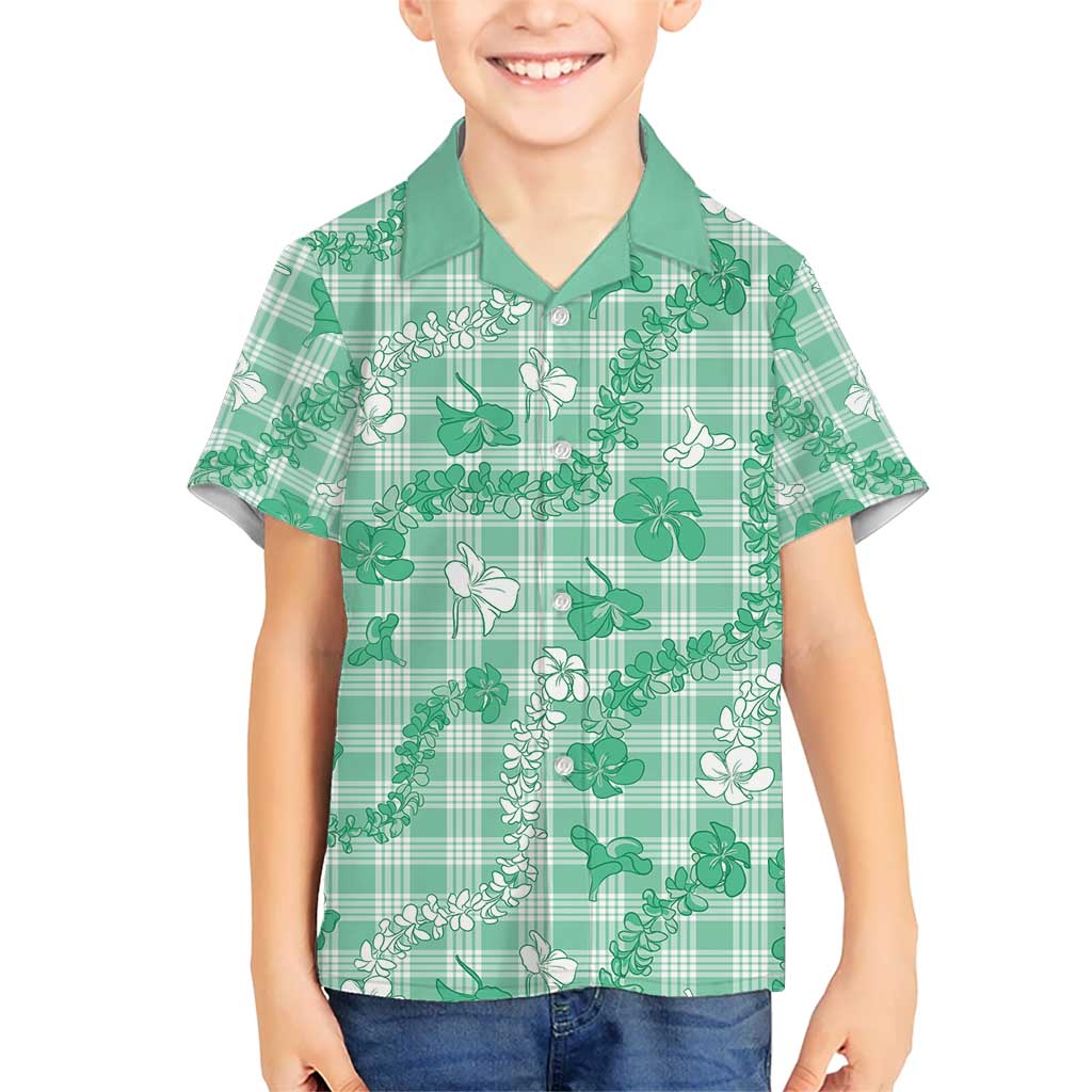 Omaomao Aloha Hawaii Kid Hawaiian Shirt Plumeria Lei With Palaka Motif LT14 Kid Green - Polynesian Pride