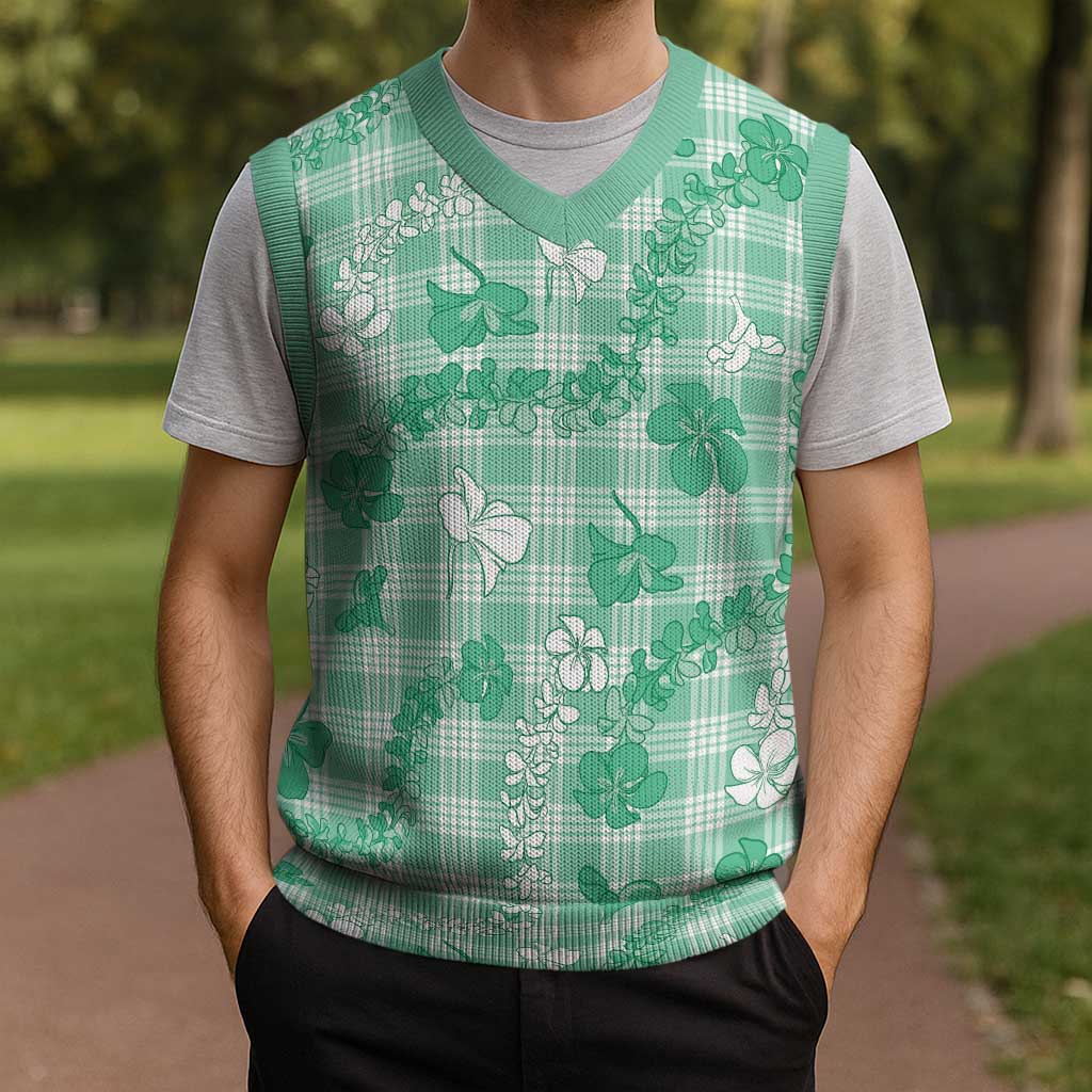 Omaomao Aloha Hawaii Christmas Knitted V-Neck Vest Plumeria Lei With Palaka Motif - Polynesian Pride