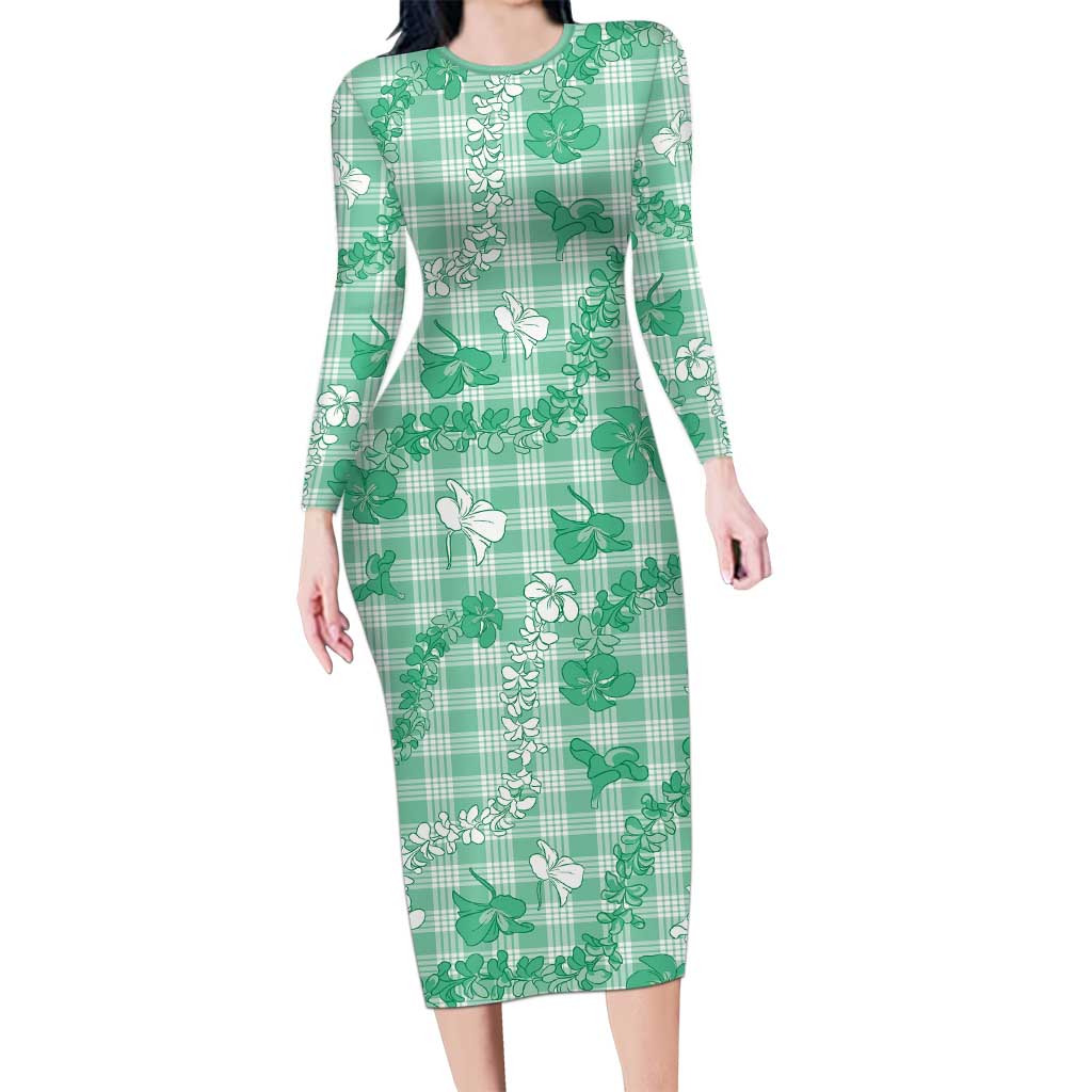 Omaomao Aloha Hawaii Long Sleeve Bodycon Dress Plumeria Lei With Palaka Motif - Polynesian Pride