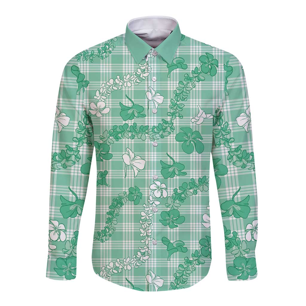 Omaomao Aloha Hawaii Long Sleeve Button Shirt Plumeria Lei With Palaka Motif LT14 Unisex Green - Polynesian Pride
