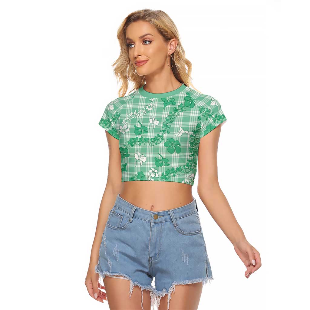 Omaomao Aloha Hawaii Raglan Cropped T Shirt Plumeria Lei With Palaka Motif LT14 Female Green - Polynesian Pride