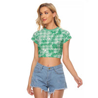 Omaomao Aloha Hawaii Raglan Cropped T Shirt Plumeria Lei With Palaka Motif LT14 Female Green - Polynesian Pride