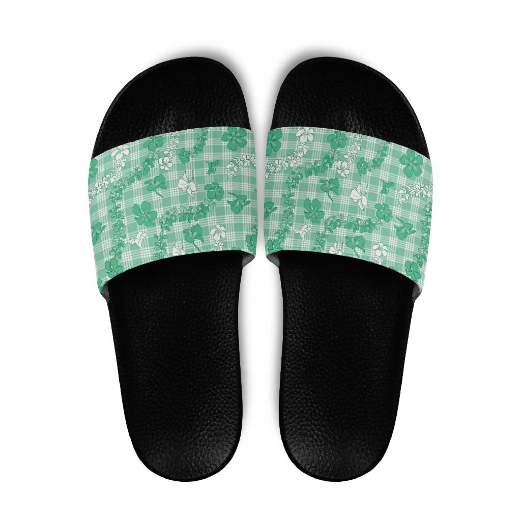Omaomao Aloha Hawaii Slide Sandals Plumeria Lei With Palaka Motif LT14 Green - Polynesian Pride