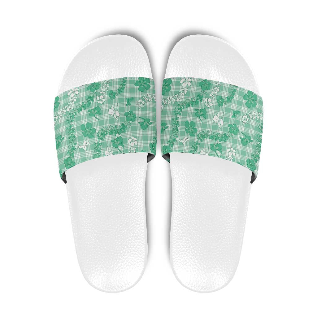 Omaomao Aloha Hawaii Slide Sandals Plumeria Lei With Palaka Motif LT14 Green - Polynesian Pride