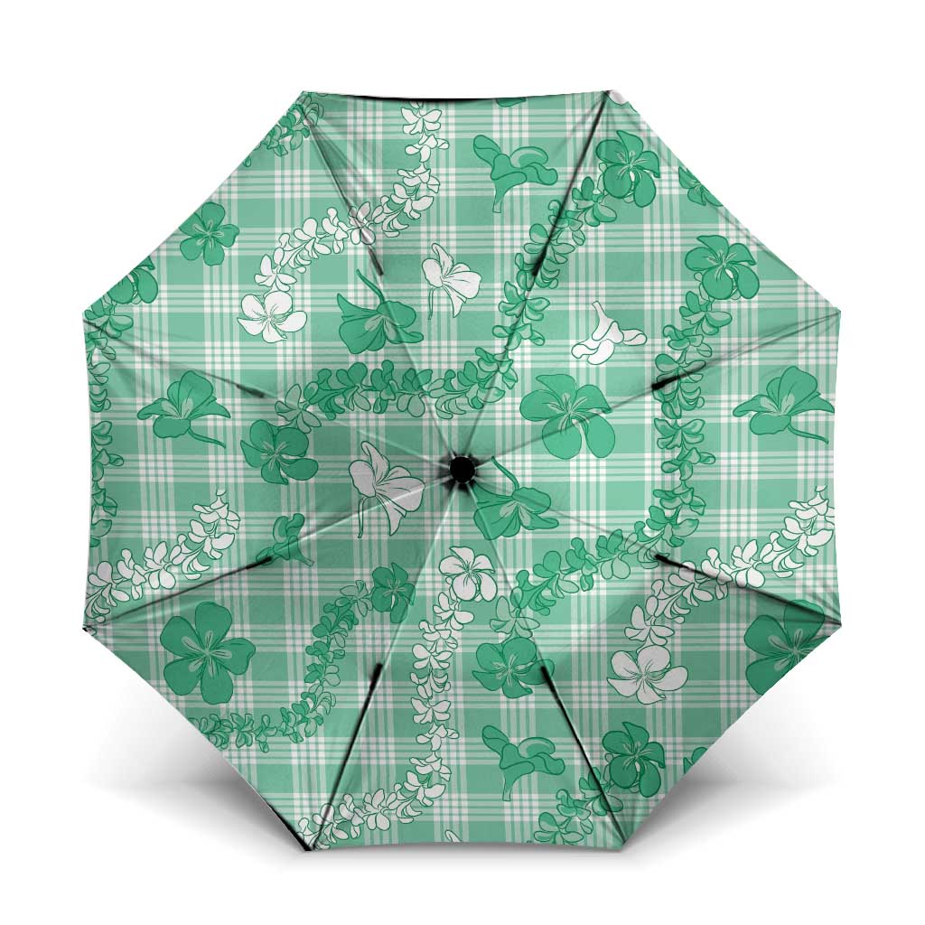 Omaomao Aloha Hawaii Umbrella Plumeria Lei With Palaka Motif LT14 One Size Folded 11.42 inch Opened Diameter 37.4 inch Green - Polynesian Pride