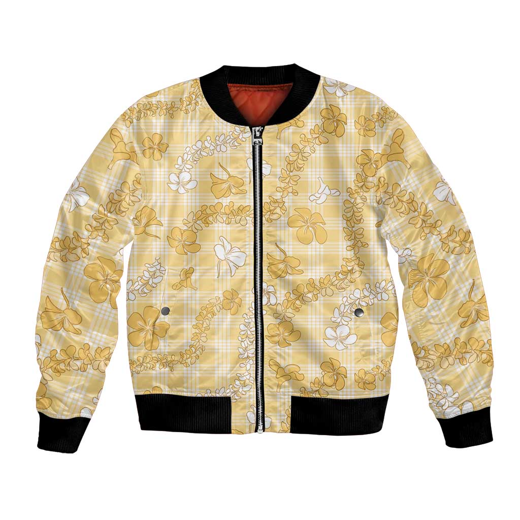 Melemele Aloha Hawaii Bomber Jacket Plumeria Lei With Palaka Motif LT14 Unisex Yellow - Polynesian Pride
