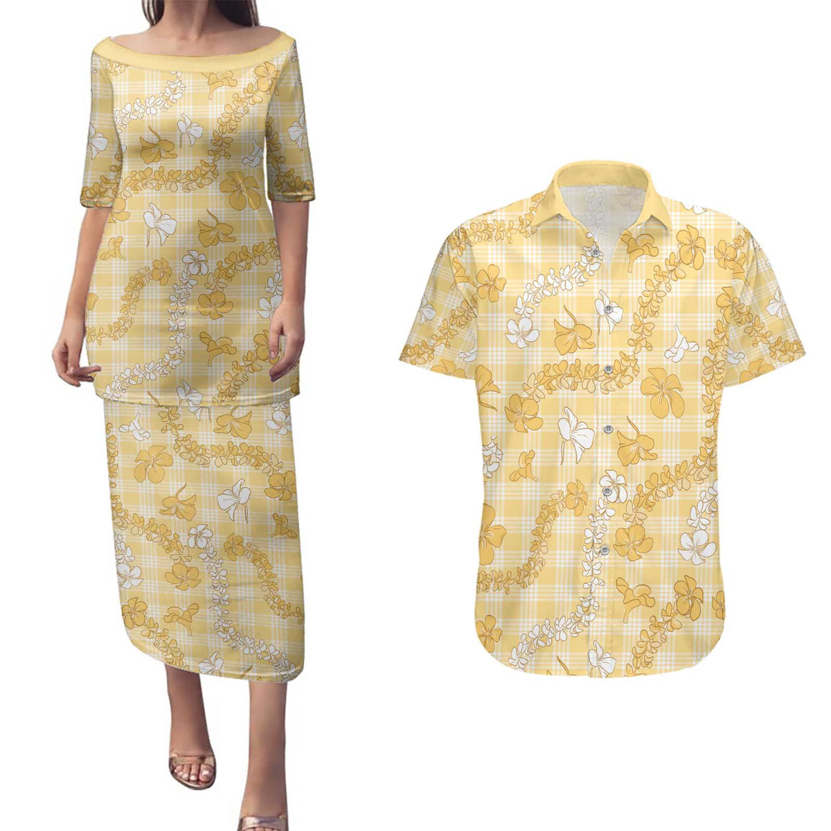 Melemele Aloha Hawaii Couples Matching Puletasi and Hawaiian Shirt Plumeria Lei With Palaka Motif - Polynesian Pride