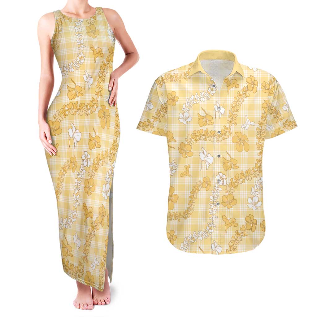 Melemele Aloha Hawaii Couples Matching Tank Maxi Dress and Hawaiian Shirt Plumeria Lei With Palaka Motif - Polynesian Pride