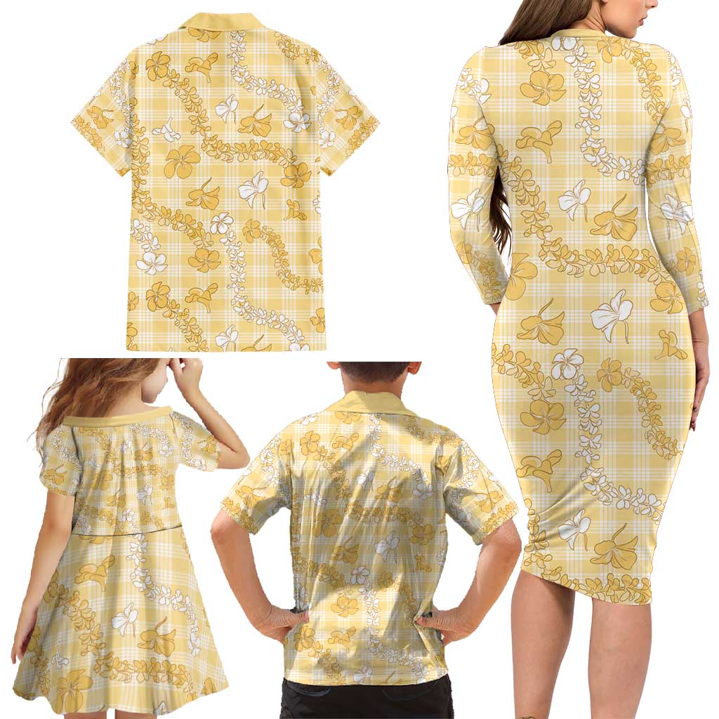 Melemele Aloha Hawaii Family Matching Long Sleeve Bodycon Dress and Hawaiian Shirt Plumeria Lei With Palaka Motif - Polynesian Pride
