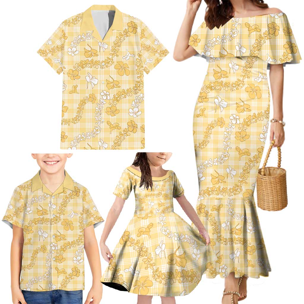 Melemele Aloha Hawaii Family Matching Mermaid Dress and Hawaiian Shirt Plumeria Lei With Palaka Motif - Polynesian Pride