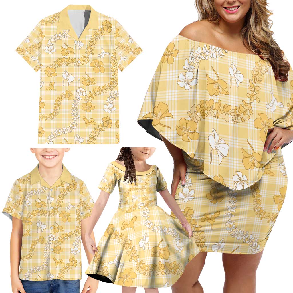 Melemele Aloha Hawaii Family Matching Off Shoulder Short Dress and Hawaiian Shirt Plumeria Lei With Palaka Motif - Polynesian Pride