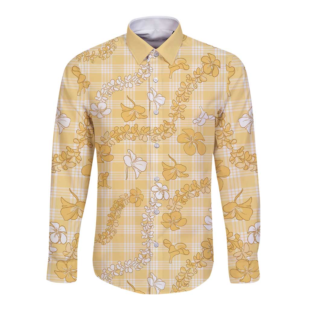 Melemele Aloha Hawaii Long Sleeve Button Shirt Plumeria Lei With Palaka Motif LT14 Unisex Yellow - Polynesian Pride