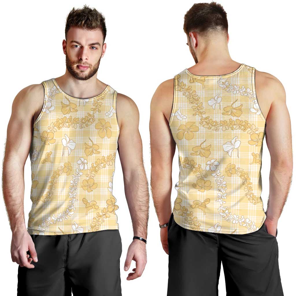 Melemele Aloha Hawaii Men Tank Top Plumeria Lei With Palaka Motif - Polynesian Pride
