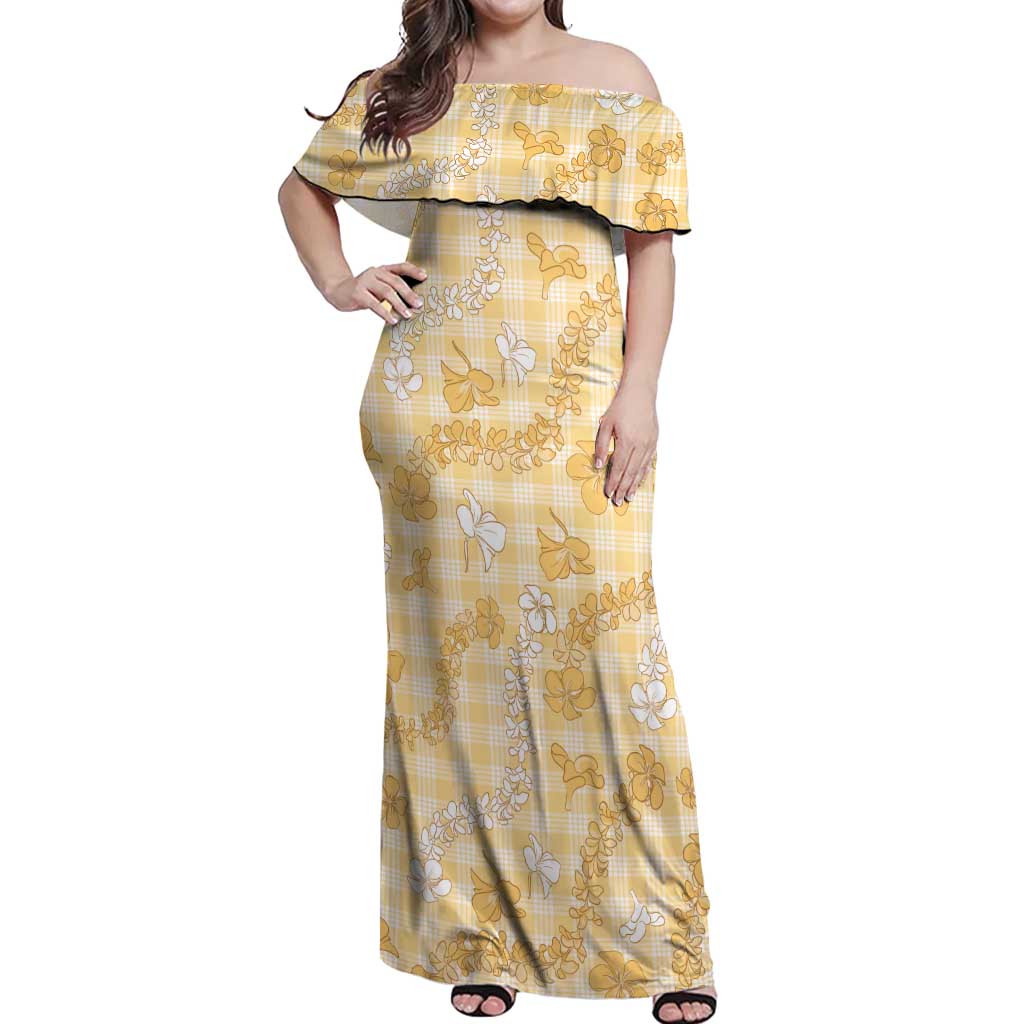 Melemele Aloha Hawaii Off Shoulder Maxi Dress Plumeria Lei With Palaka Motif - Polynesian Pride