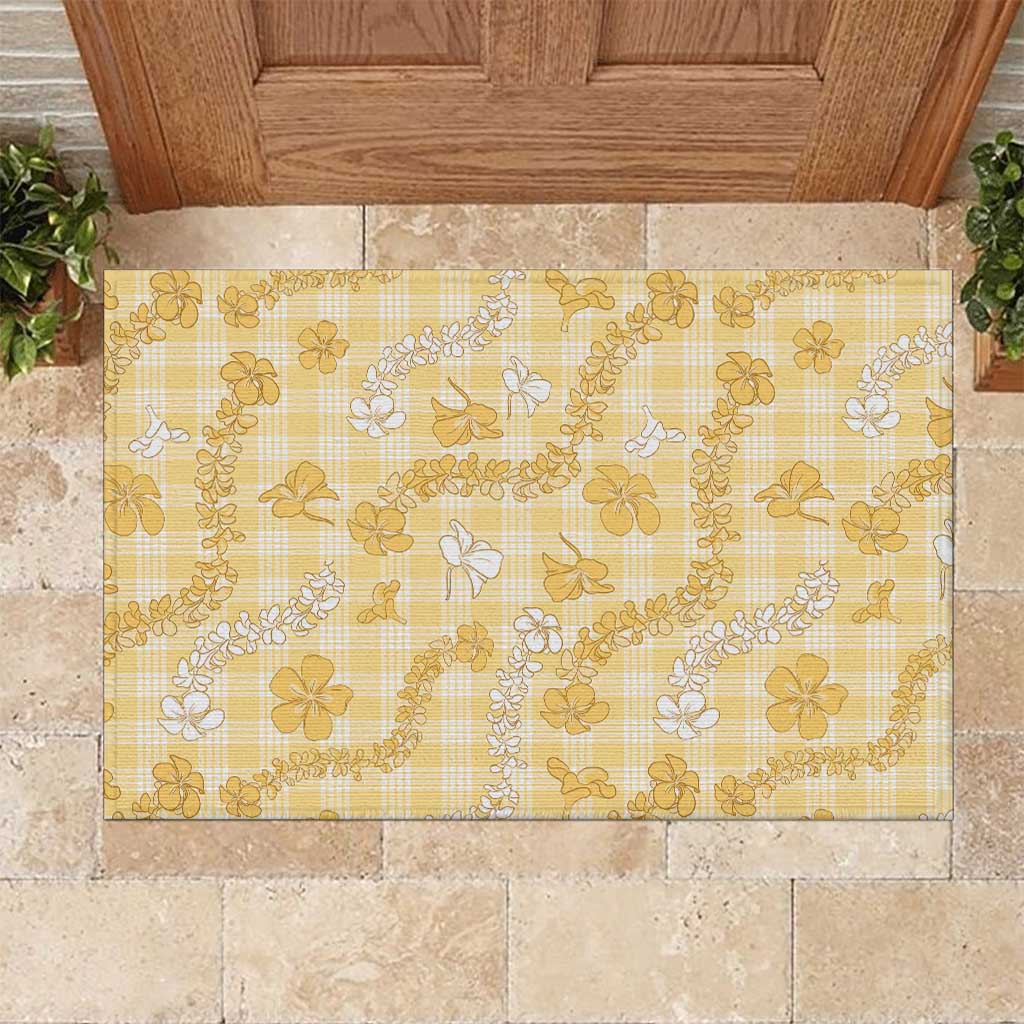 Melemele Aloha Hawaii Rubber Doormat Plumeria Lei With Palaka Motif LT14 Yellow - Polynesian Pride