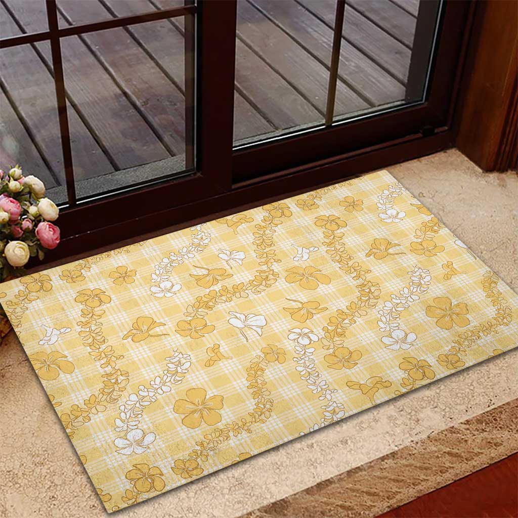 Melemele Aloha Hawaii Rubber Doormat Plumeria Lei With Palaka Motif LT14 - Polynesian Pride