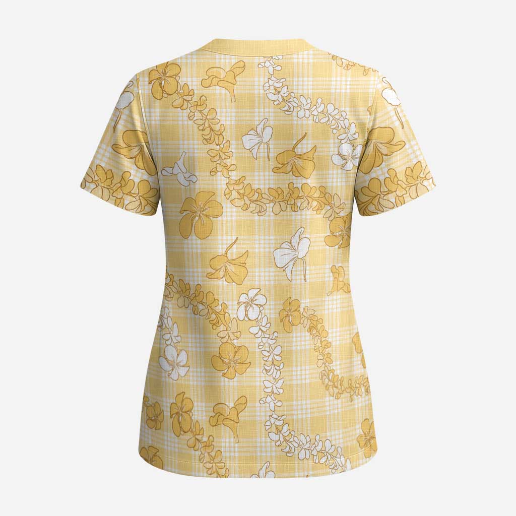 Melemele Aloha Hawaii Scrub Top Plumeria Lei With Palaka Motif - Polynesian Pride