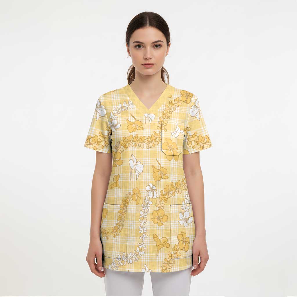 Melemele Aloha Hawaii Scrub Top Plumeria Lei With Palaka Motif - Polynesian Pride