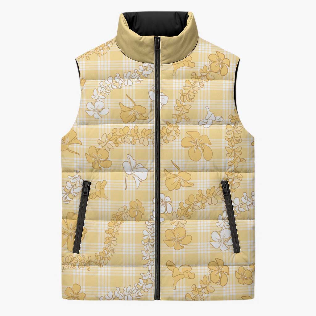 Melemele Aloha Hawaii Sleeveless Puffer Jacket Plumeria Lei With Palaka Motif LT14 Unisex Yellow - Polynesian Pride