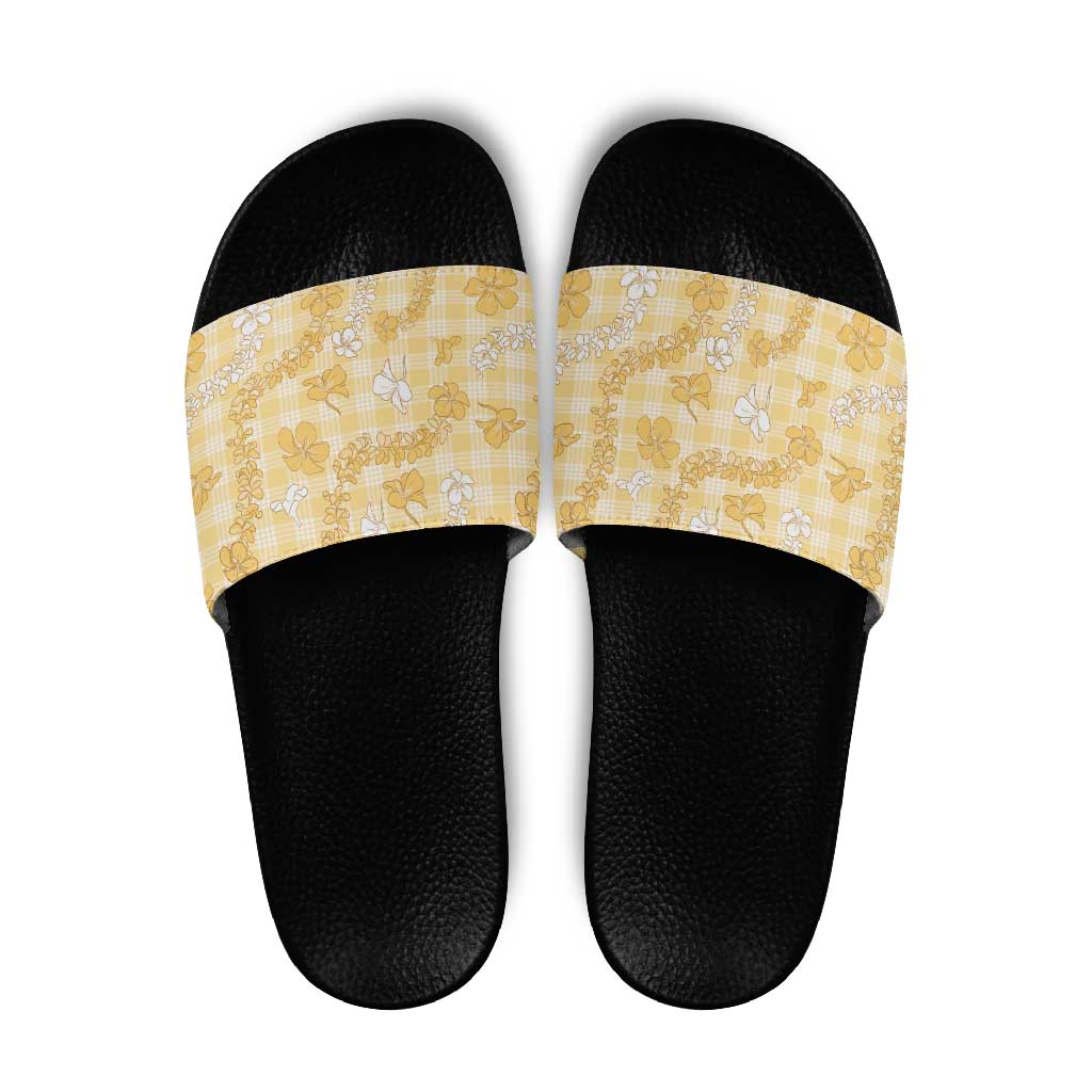 Melemele Aloha Hawaii Slide Sandals Plumeria Lei With Palaka Motif LT14 Yellow - Polynesian Pride