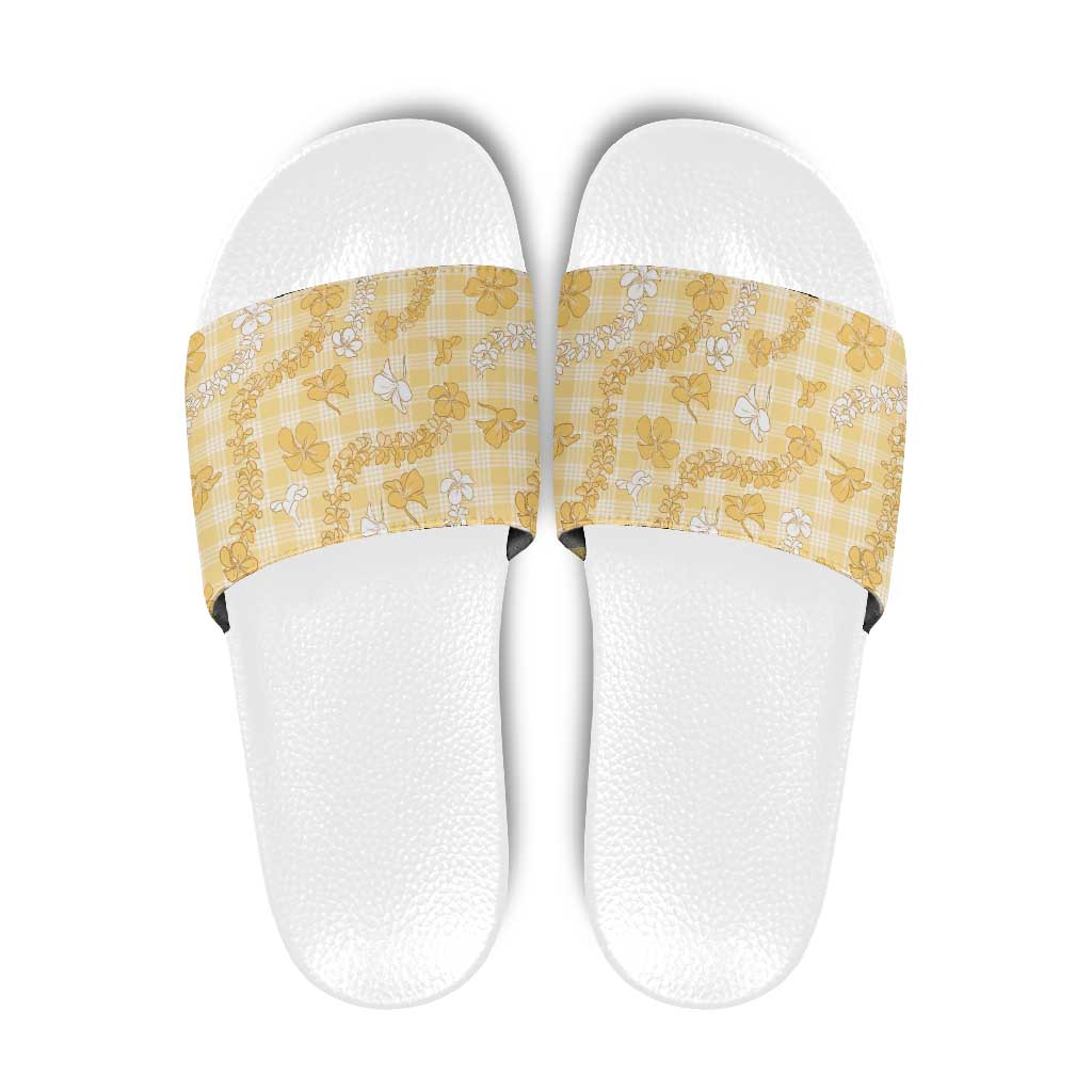 Melemele Aloha Hawaii Slide Sandals Plumeria Lei With Palaka Motif LT14 Yellow - Polynesian Pride