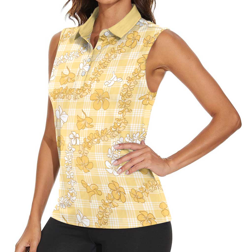 Melemele Aloha Hawaii Women Sleeveless Polo Shirt Plumeria Lei With Palaka Motif - Polynesian Pride