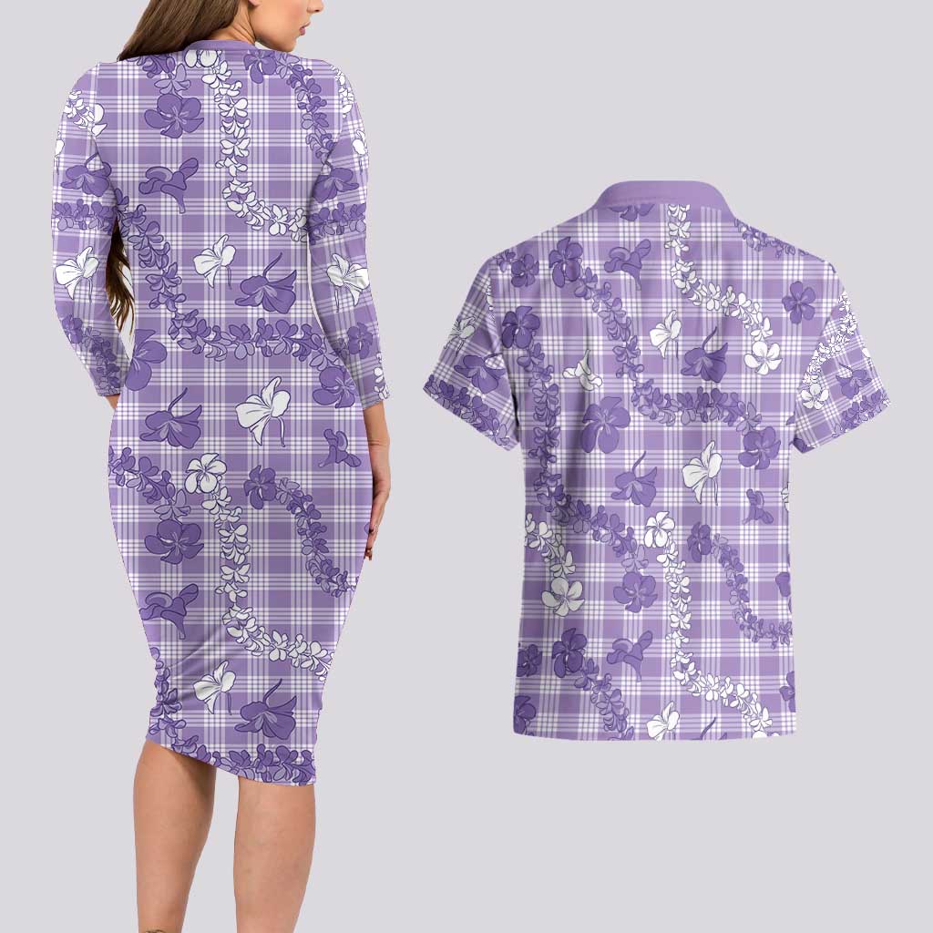 Poni Aloha Hawaii Couples Matching Long Sleeve Bodycon Dress and Hawaiian Shirt Plumeria Lei With Palaka Motif - Polynesian Pride