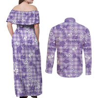 Poni Aloha Hawaii Couples Matching Off Shoulder Maxi Dress and Long Sleeve Button Shirt Plumeria Lei With Palaka Motif - Polynesian Pride
