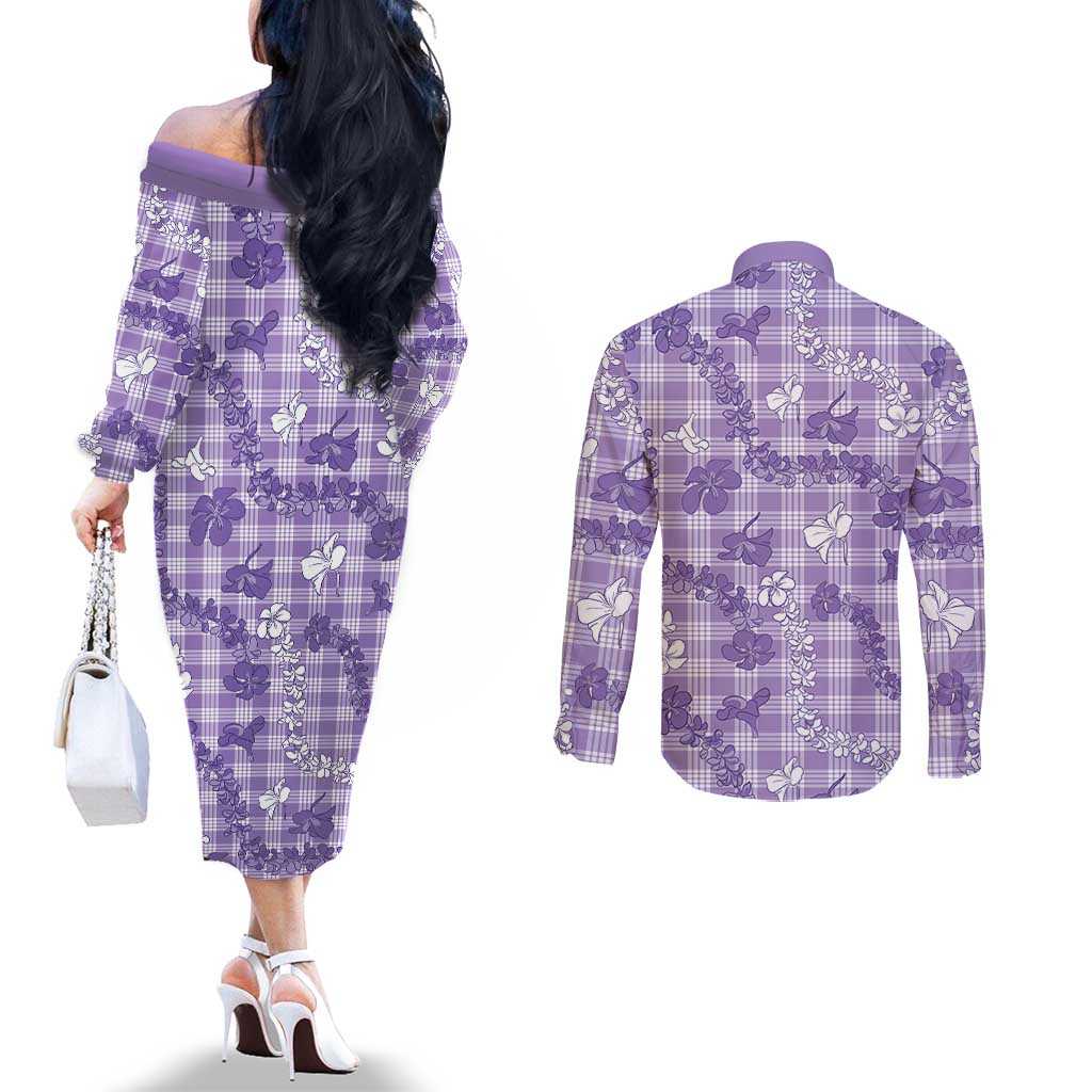 Poni Aloha Hawaii Couples Matching Off The Shoulder Long Sleeve Dress and Long Sleeve Button Shirt Plumeria Lei With Palaka Motif - Polynesian Pride