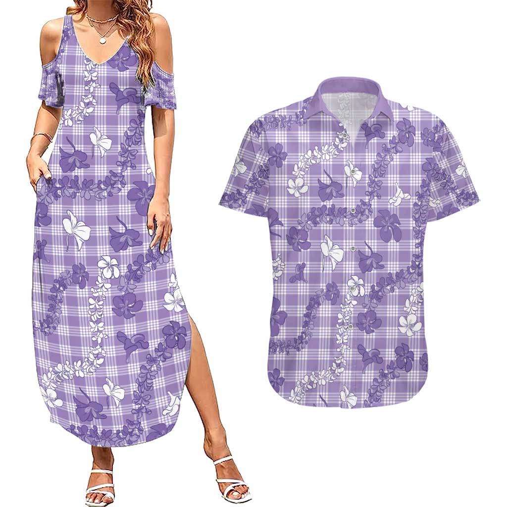Poni Aloha Hawaii Couples Matching Summer Maxi Dress and Hawaiian Shirt Plumeria Lei With Palaka Motif - Polynesian Pride