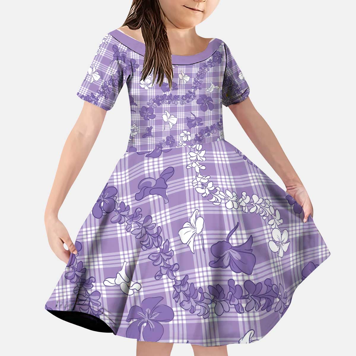 Poni Aloha Hawaii Kid Short Sleeve Dress Plumeria Lei With Palaka Motif - Polynesian Pride