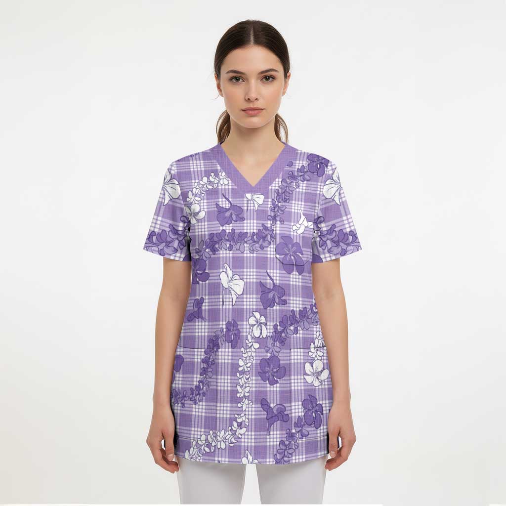 Poni Aloha Hawaii Scrub Top Plumeria Lei With Palaka Motif - Polynesian Pride
