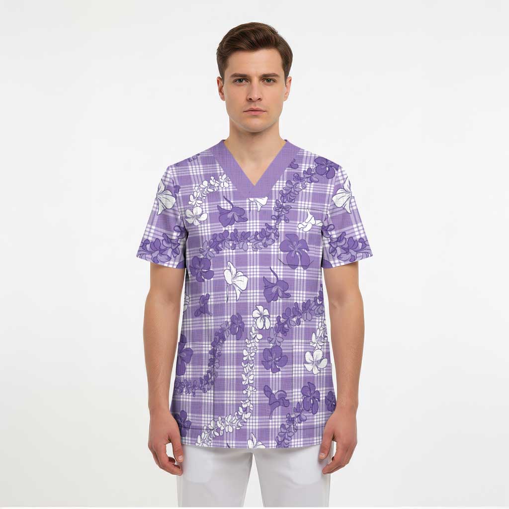 Poni Aloha Hawaii Scrub Top Plumeria Lei With Palaka Motif - Polynesian Pride