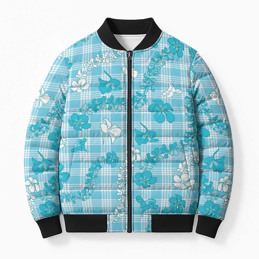 Polu Aloha Hawaii Bomber Puffer Jacket Plumeria Lei With Palaka Motif LT14 Unisex Blue - Polynesian Pride