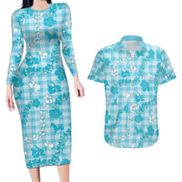 Polu Aloha Hawaii Couples Matching Long Sleeve Bodycon Dress and Hawaiian Shirt Plumeria Lei With Palaka Motif - Polynesian Pride