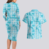 Polu Aloha Hawaii Couples Matching Long Sleeve Bodycon Dress and Hawaiian Shirt Plumeria Lei With Palaka Motif - Polynesian Pride