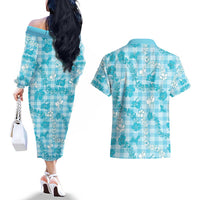 Polu Aloha Hawaii Couples Matching Off The Shoulder Long Sleeve Dress and Hawaiian Shirt Plumeria Lei With Palaka Motif - Polynesian Pride