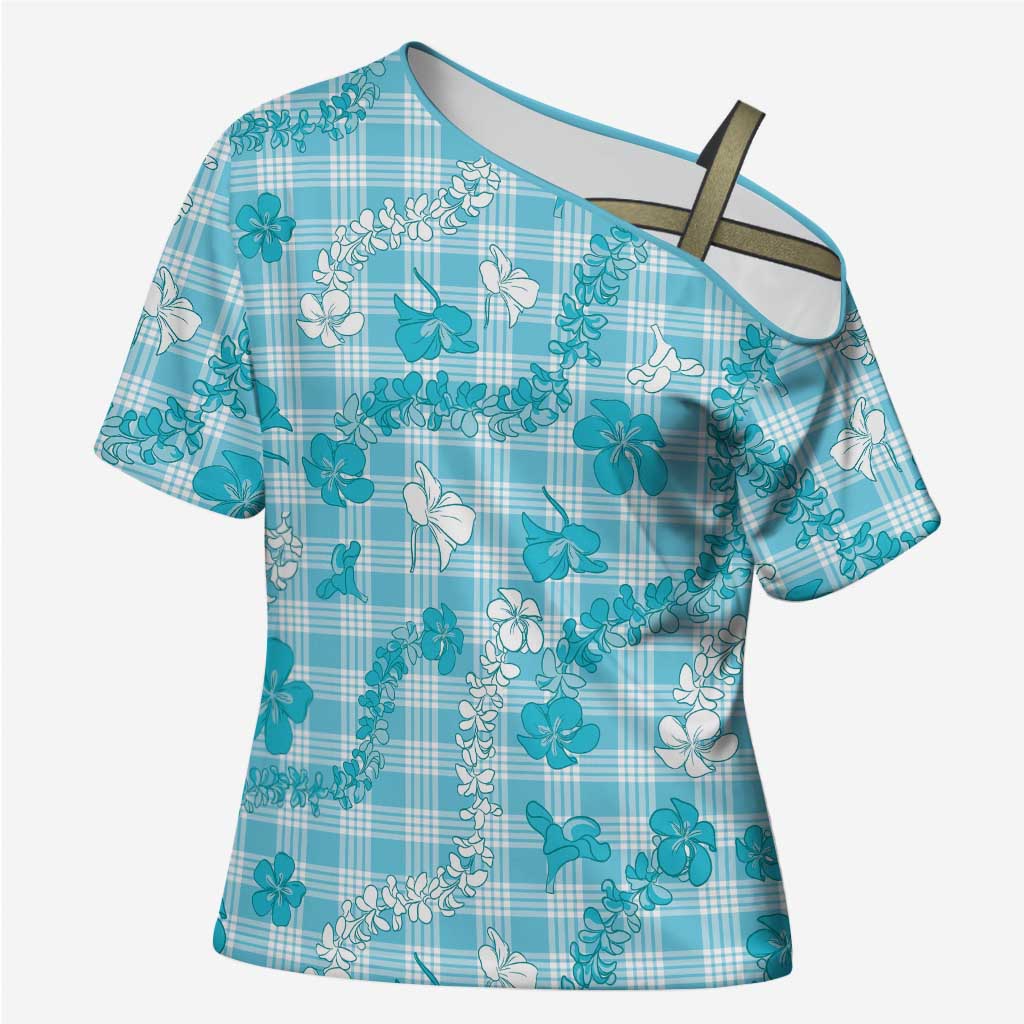 Polu Aloha Hawaii Cross Shoulder Shirt Plumeria Lei With Palaka Motif LT14 Female Blue - Polynesian Pride