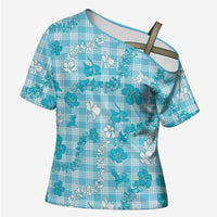 Polu Aloha Hawaii Cross Shoulder Shirt Plumeria Lei With Palaka Motif LT14 Female Blue - Polynesian Pride