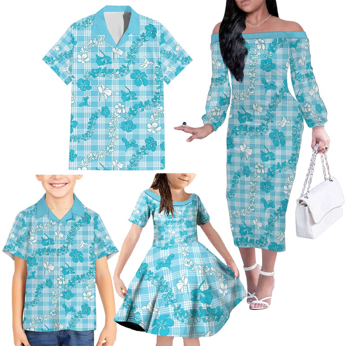 Polu Aloha Hawaii Family Matching Off The Shoulder Long Sleeve Dress and Hawaiian Shirt Plumeria Lei With Palaka Motif - Polynesian Pride