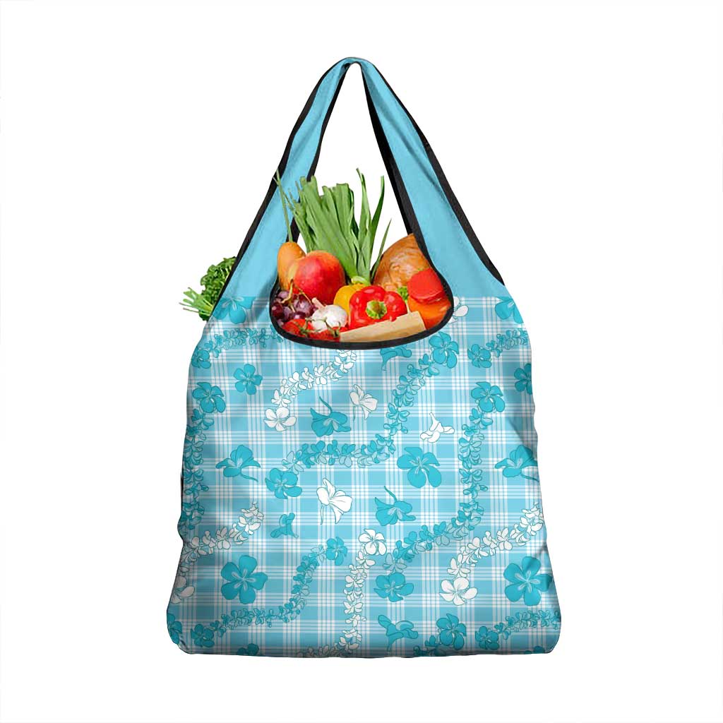 Polu Aloha Hawaii Grocery Bag Plumeria Lei With Palaka Motif LT14 1-pack One Size Blue - Polynesian Pride