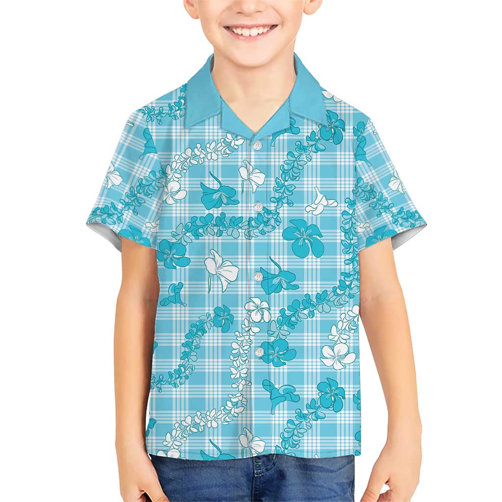 Polu Aloha Hawaii Kid Hawaiian Shirt Plumeria Lei With Palaka Motif LT14 Kid Blue - Polynesian Pride